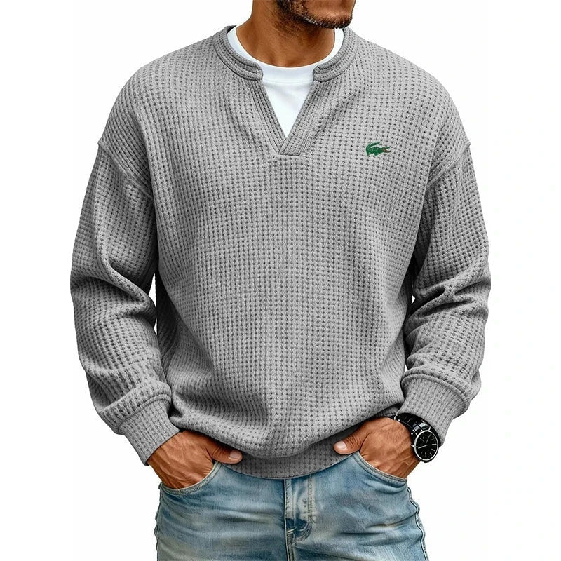 Casual V-Neck Waffle-Knit Long-Sleeve T-Shirt
