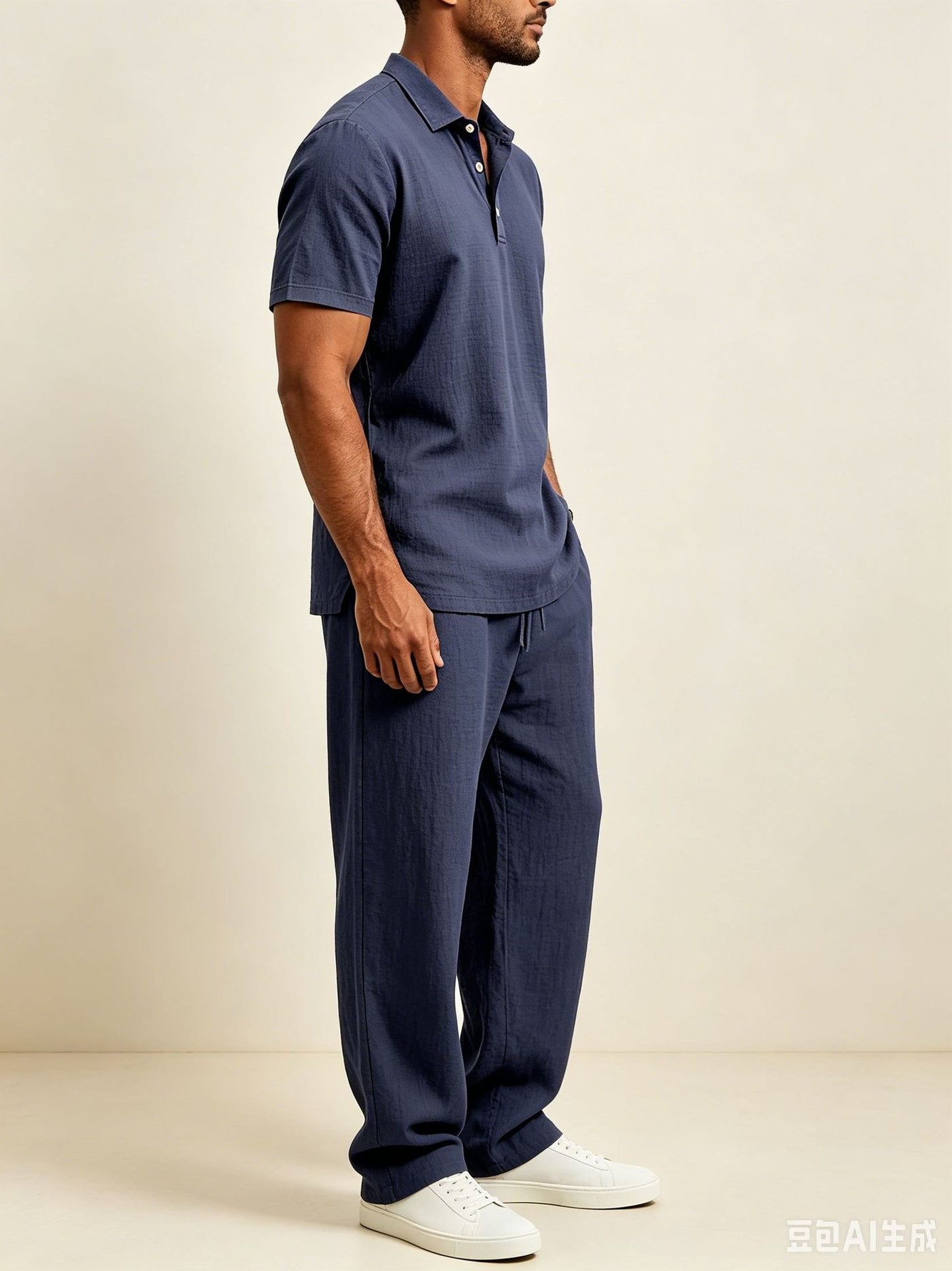 Navy blue short sleeve collared cotton linen matching set