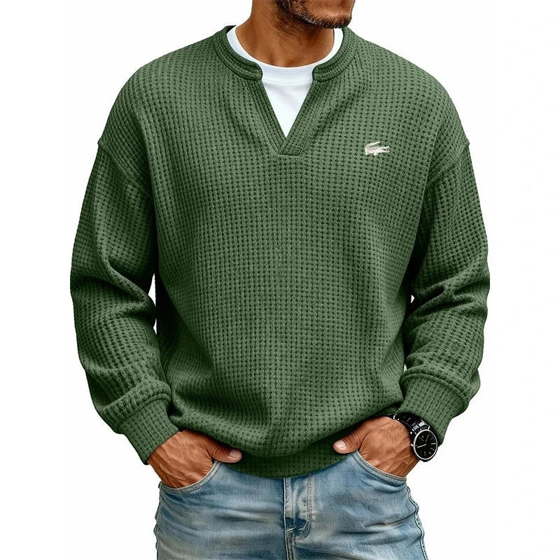 Casual V-Neck Waffle-Knit Long-Sleeve T-Shirt