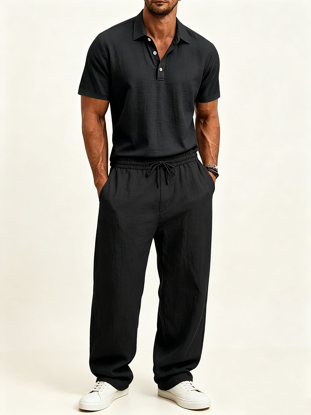 Black casual loose short sleeve matching shirt and trousers set