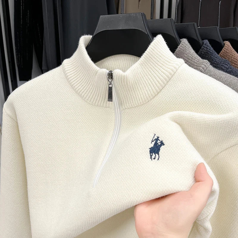 Men’s Thickened Zip-Up Mink-Fleece Turtleneck Knit Sweater