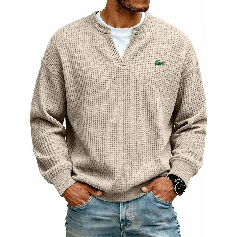 Casual V-Neck Waffle-Knit Long-Sleeve T-Shirt