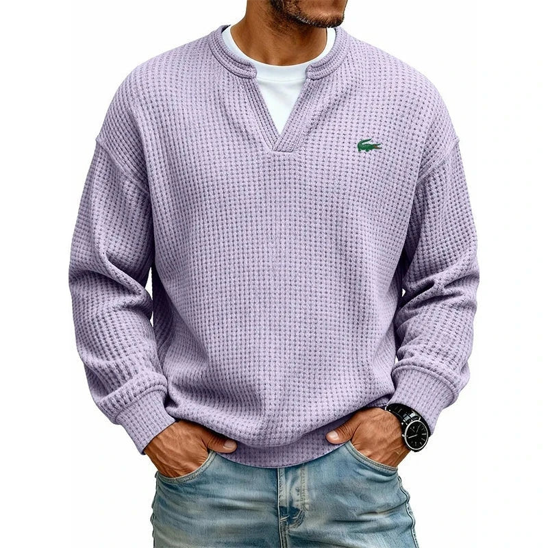 Casual V-Neck Waffle-Knit Long-Sleeve T-Shirt