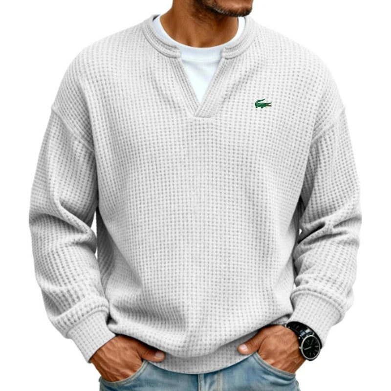 Casual V-Neck Waffle-Knit Long-Sleeve T-Shirt