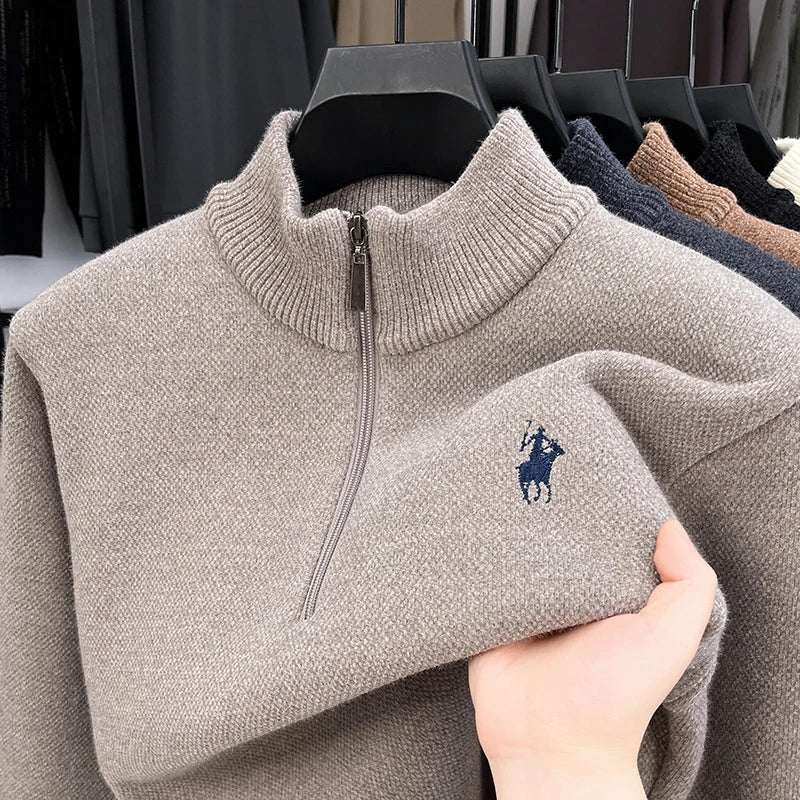 Men’s Thickened Zip-Up Mink-Fleece Turtleneck Knit Sweater