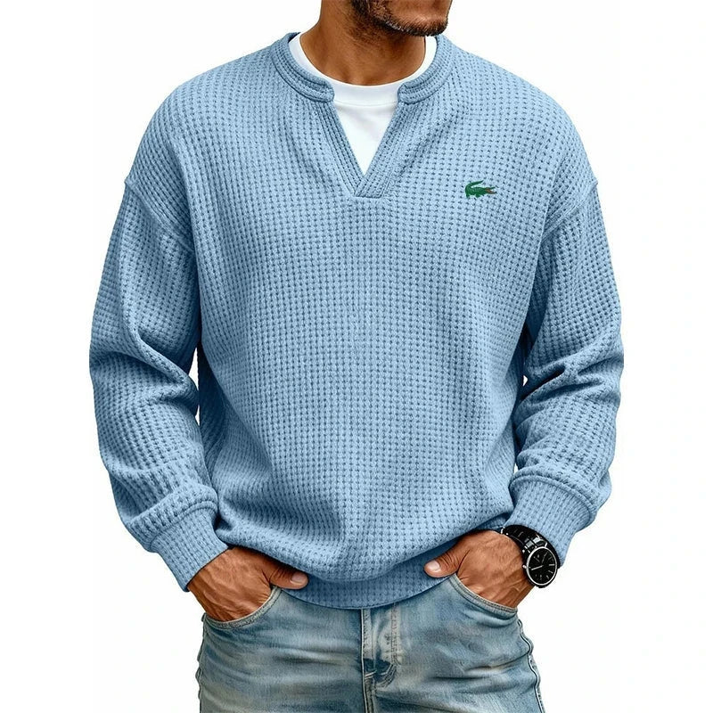 Casual V-Neck Waffle-Knit Long-Sleeve T-Shirt