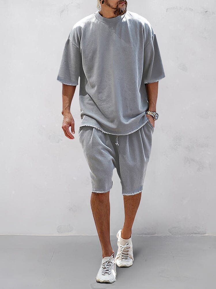 Men's light gray casual loose fit cotton T-shirt and shorts set