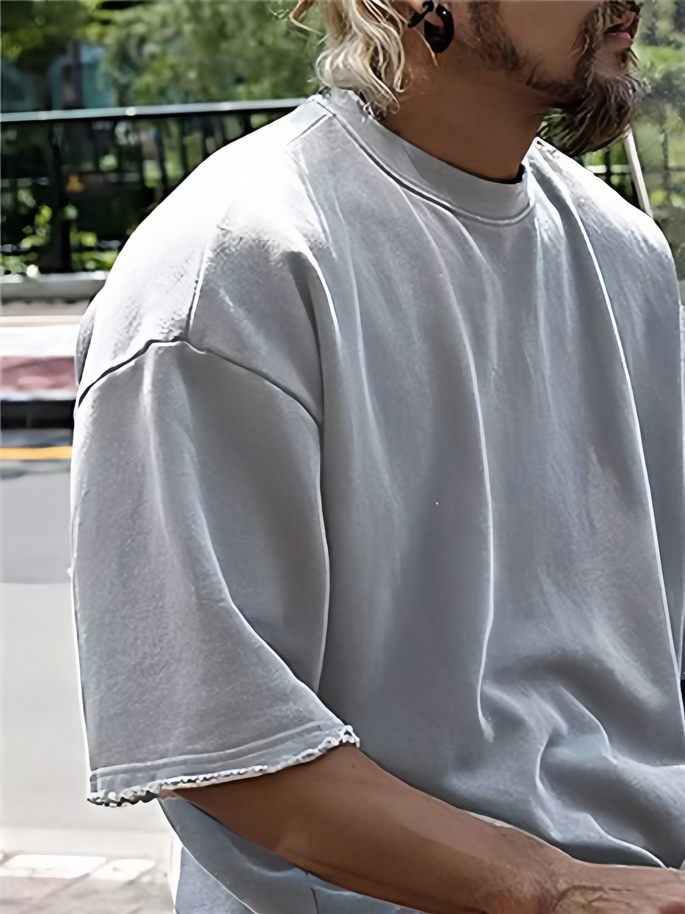 Close view of oversized drop shoulder T-shirt