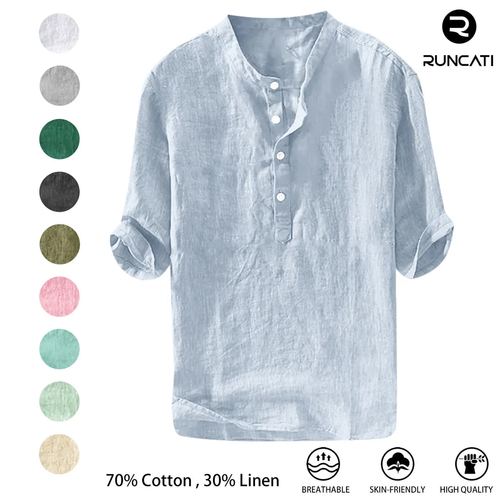 Runcati Chemise en Lin Homme - Décontractée Coton Manches 3/4