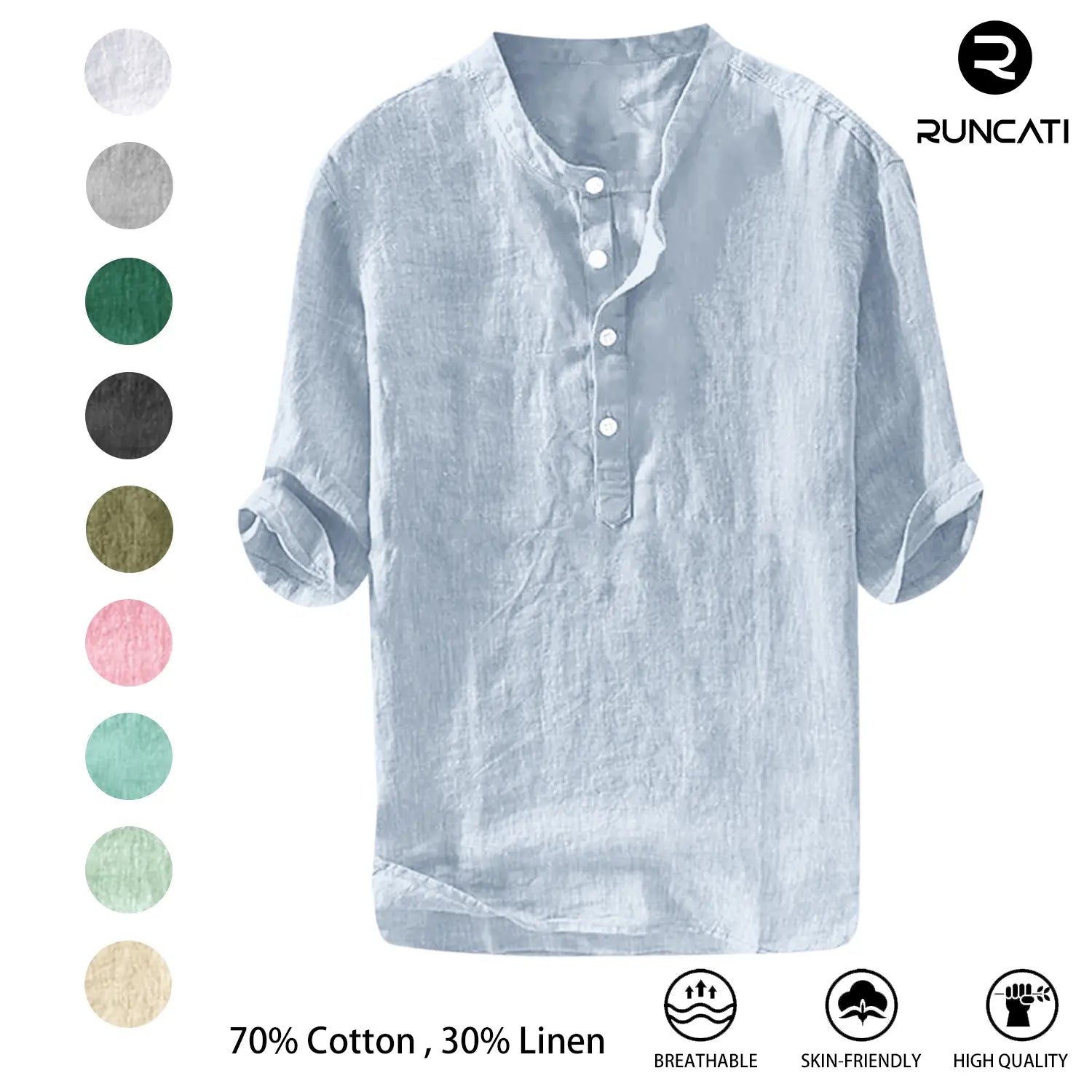 Runcati Chemise en Lin Homme - Décontractée Coton Manches 3/4
