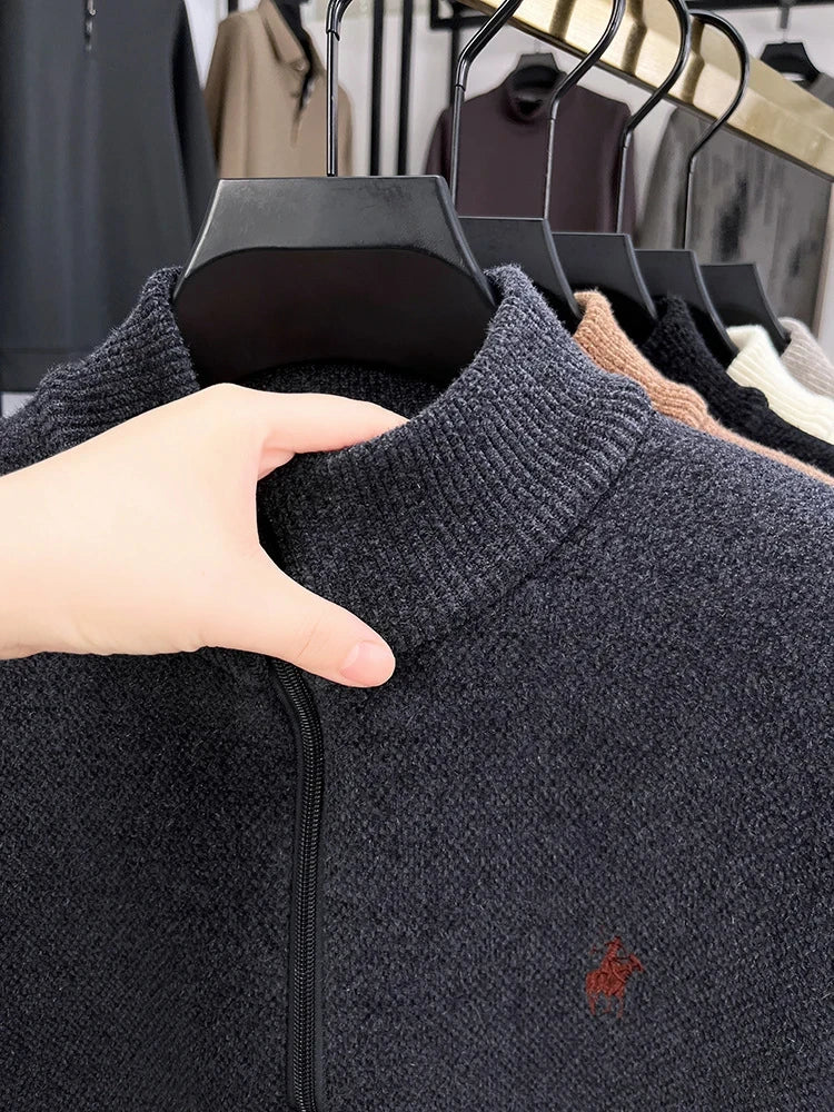 Men’s Thickened Zip-Up Mink-Fleece Turtleneck Knit Sweater
