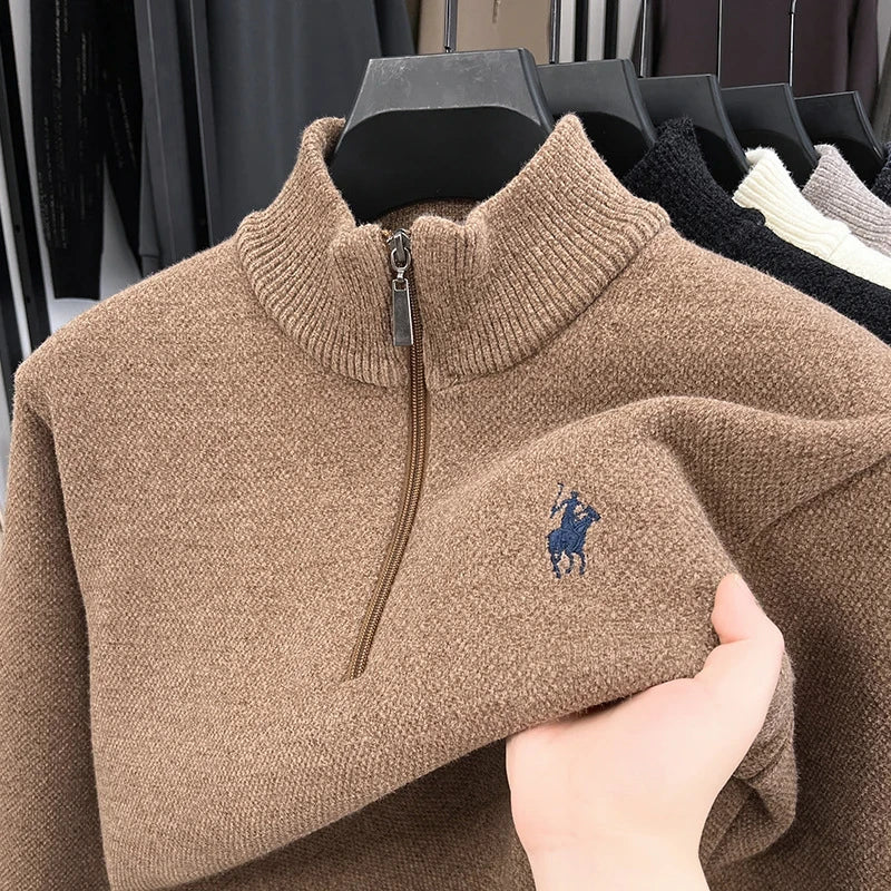 Men’s Thickened Zip-Up Mink-Fleece Turtleneck Knit Sweater