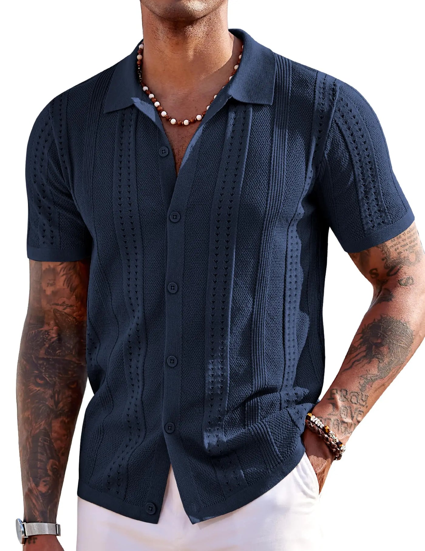 Chemise boutonnée en maille à manches courtes bleu marine pour homme